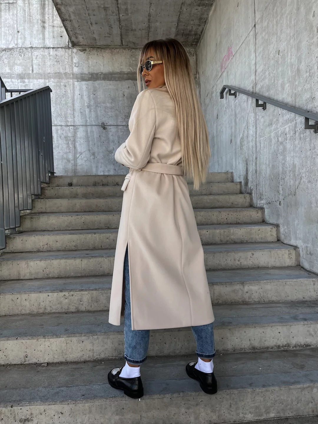 Double-breasted Lapel Split Jacket With Belt Winter Fashion Casual Long Sleeve Button Daily Coats For Women Clothing LadyShow.Store