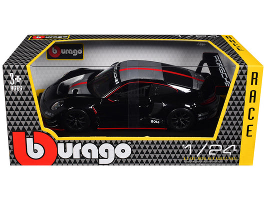 Porsche 911 GT3 R Black with Silver Hood and Top and Red Stripe "Race" Series 1/24 Diecast Model Car by Bburago Bburago