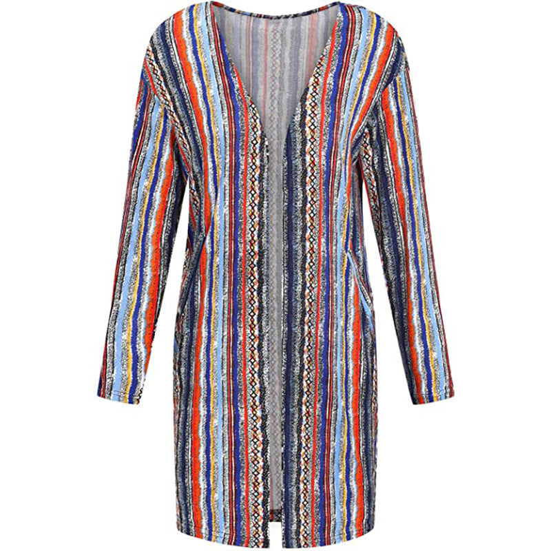 European And American Women's Jackets Striped Print Women's Cardigan Top LadyShow.Store