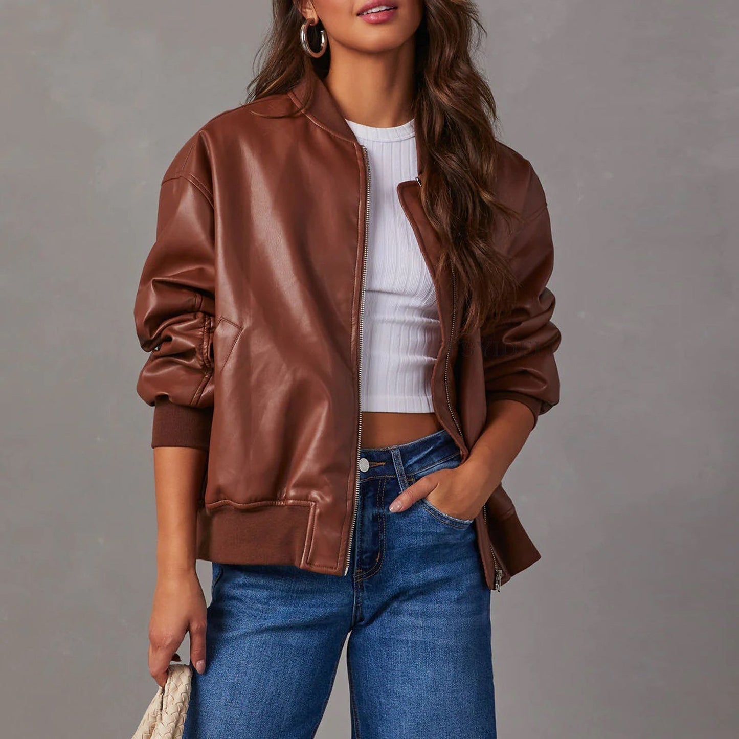 Women's Leather-Look Baseball Jacket - Long Sleeve Motorcycle Style Coat (Black/White/Brown, S-XL) LadyShow.Store