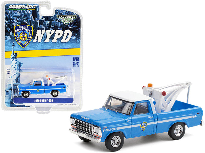 1979 Ford F-250 Tow Truck with Drop-In Tow Hook Blue with White Top "New York City Police Dept." (NYPD) "Hobby Exclusive" 1/64 Diecast Model Car by Greenlight-0