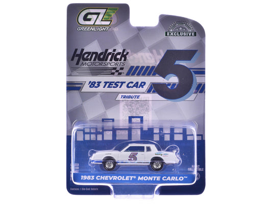 1983 Chevrolet Monte Carlo #5 "Hendrick Motorsports First Test Car Tribute" White with Blue Stripes and Interior "Hobby Exclusive" Series 1/64 Diecast Model Car by Greenlight-1