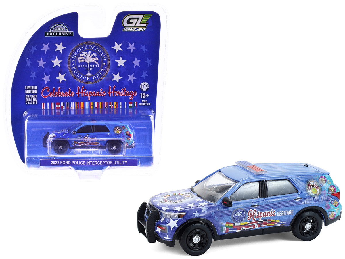 2022 Ford Police Interceptor Utility "Miami Police Department Hispanic Heritage Month" Blue with Graphics "Hobby Exclusive" Series 1/64 Diecast Model Car by Greenlight Greenlight