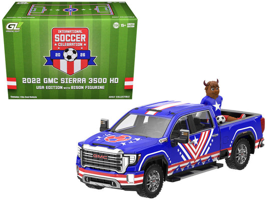 2022 GMC Sierra 3500 HD Pickup Truck Blue with American Soccer Graphics with Bison Figure "International Soccer Celebration '26" Series 1/64 Diecast Model Car by Greenlight Greenlight