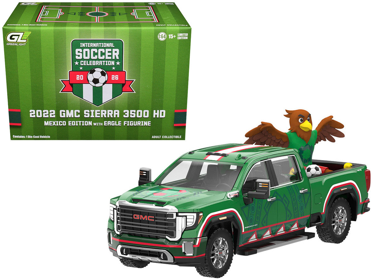 2022 GMC Sierra 3500 HD Pickup Truck Green with Mexican Soccer Graphics with Eagle Figure "International Soccer Celebration '26" Series 1/64 Diecast Model Car by Greenlight Greenlight