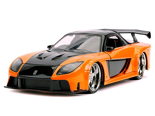 Han's Mazda RX-7 RHD (Right Hand Drive) Orange and Black "The Fast and the Furious: Tokyo Drift" (2006) Movie "25 Years of Fast & Furious" Series 1/24 Diecast Model Car by Jada Jada