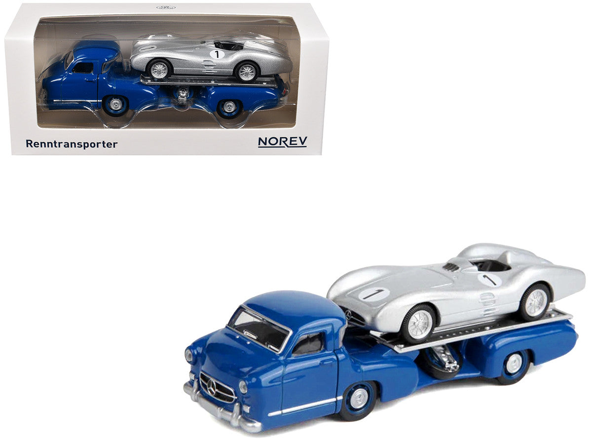 Mercedes-Benz Renntransporter Flatbed Truck Blue and 1954 Mercedes-Benz W196 #1 Silver Metallic 1/64 Diecast Model Car by Norev Norev