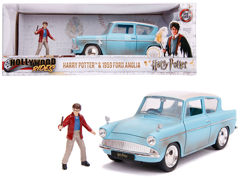 1959 Ford Anglia Light Blue (Weathered) with Harry Potter Diecast Figurine 1/24 Diecast Model Car by Jada Jada