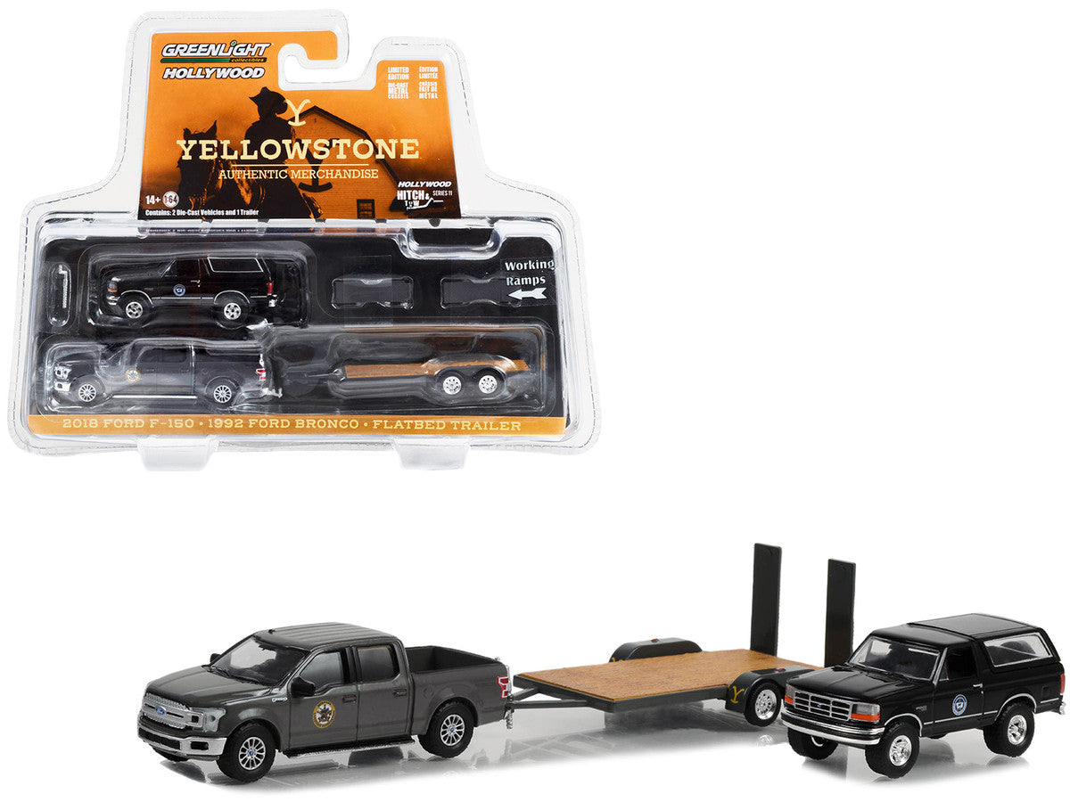 2018 Ford F-150 Pickup Truck Gray with 1992 Ford Bronco "Montana Livestock Association" Black and Flatbed Car Trailer "Yellowstone" (2018-Current) TV Series "Hollywood Hitch & Tow" Series 11 1/64 Diecast Model Cars by Greenlight Greenlight