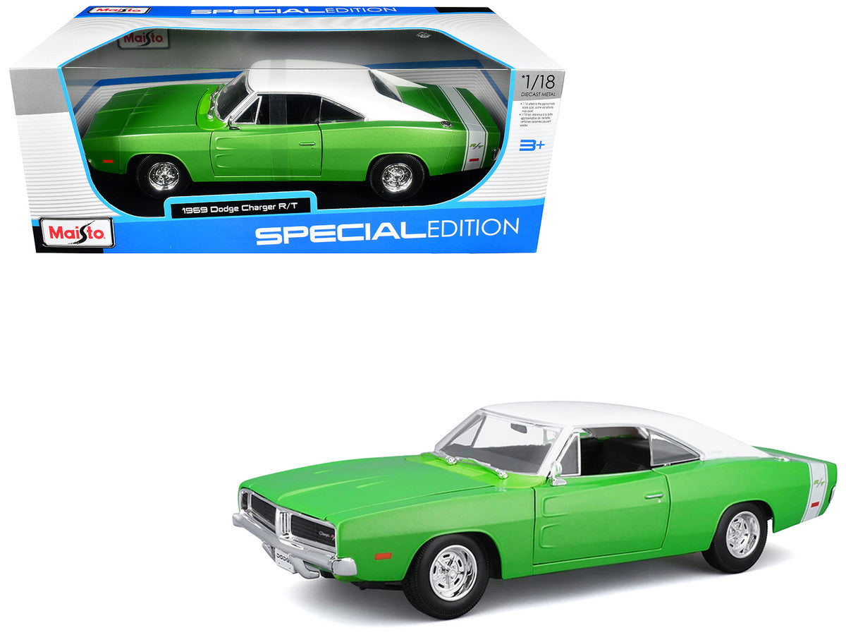 1969 Dodge Charger R/T Green Metallic with White Top and Tail Stripe "Special Edition" Series 1/18 Diecast Model Car by Maisto Maisto