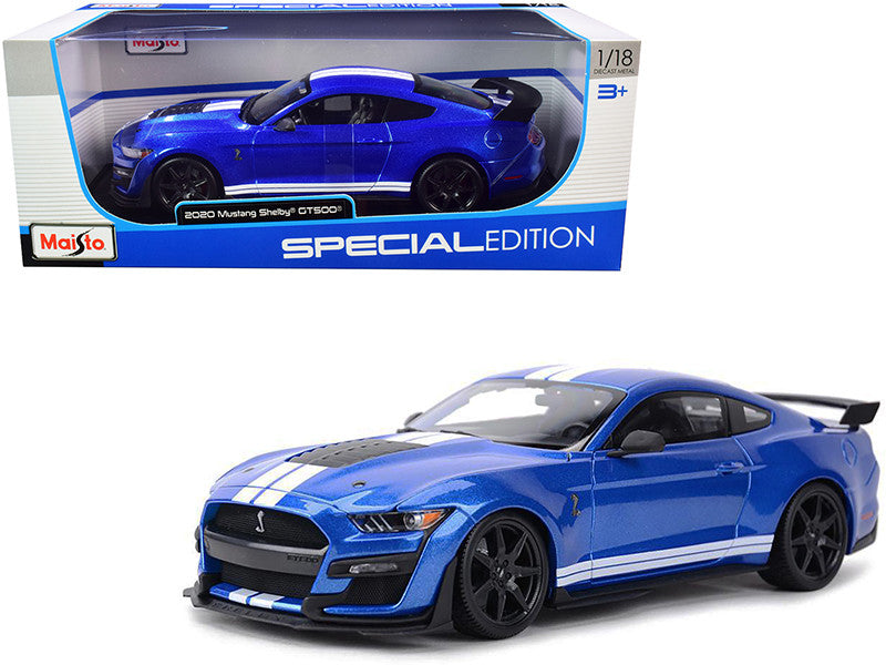 2020 Ford Mustang Shelby GT500 Blue Metallic with White Stripes "Special Edition" 1/18 Diecast Model Car by Maisto Maisto