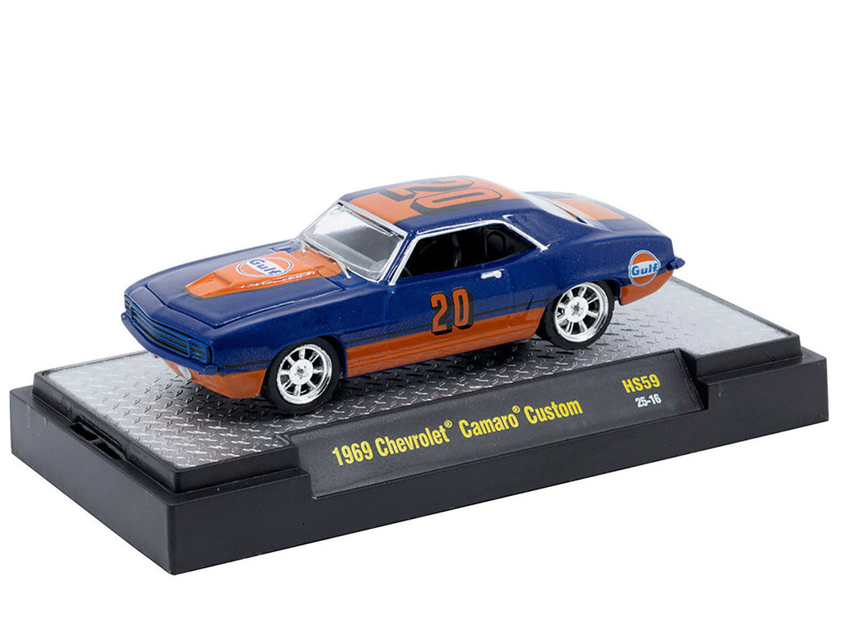 1969 Chevrolet Camaro Custom #20 "Gulf Oil" Dark Blue and Orange Limited Edition to 5500 pieces Worldwide 1/64 Diecast Model Car by M2 Machines M2
