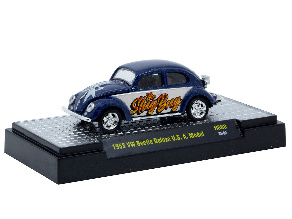 1953 Volkswagen Beetle Deluxe USA Model "The Slug Bug" Blue Metallic with White Sides Limited Edition to 5566 pieces Worldwide 1/64 Diecast Model Car by M2 Machines M2