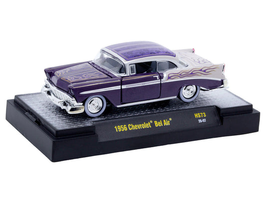 1956 Chevrolet Bel Air "Low and Slow" Purple Two-Tone with Graphics Limited Edition to 5500 pieces Worldwide 1/64 Diecast Model Car by M2 Machines M2