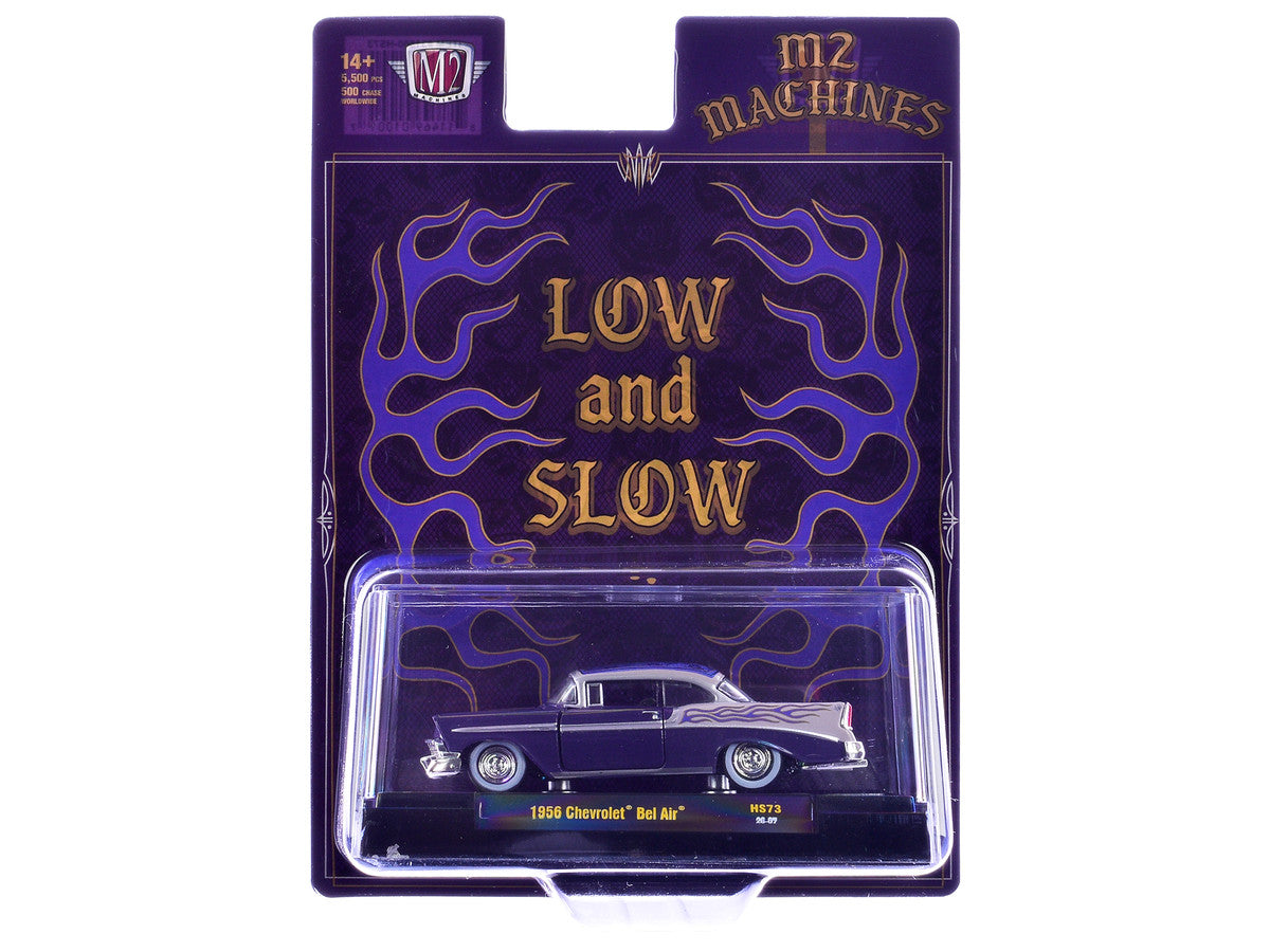1956 Chevrolet Bel Air "Low and Slow" Purple Two-Tone with Graphics Limited Edition to 5500 pieces Worldwide 1/64 Diecast Model Car by M2 Machines M2