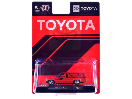 1985 Toyota SR5 Pickup Truck with Camper Shell Red with Black Stripes Limited Edition to 19844 pieces Worldwide 1/64 Diecast Model Car by M2 Machines M2