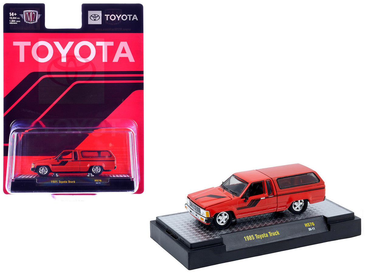 1985 Toyota SR5 Pickup Truck with Camper Shell Red with Black Stripes Limited Edition to 19844 pieces Worldwide 1/64 Diecast Model Car by M2 Machines M2