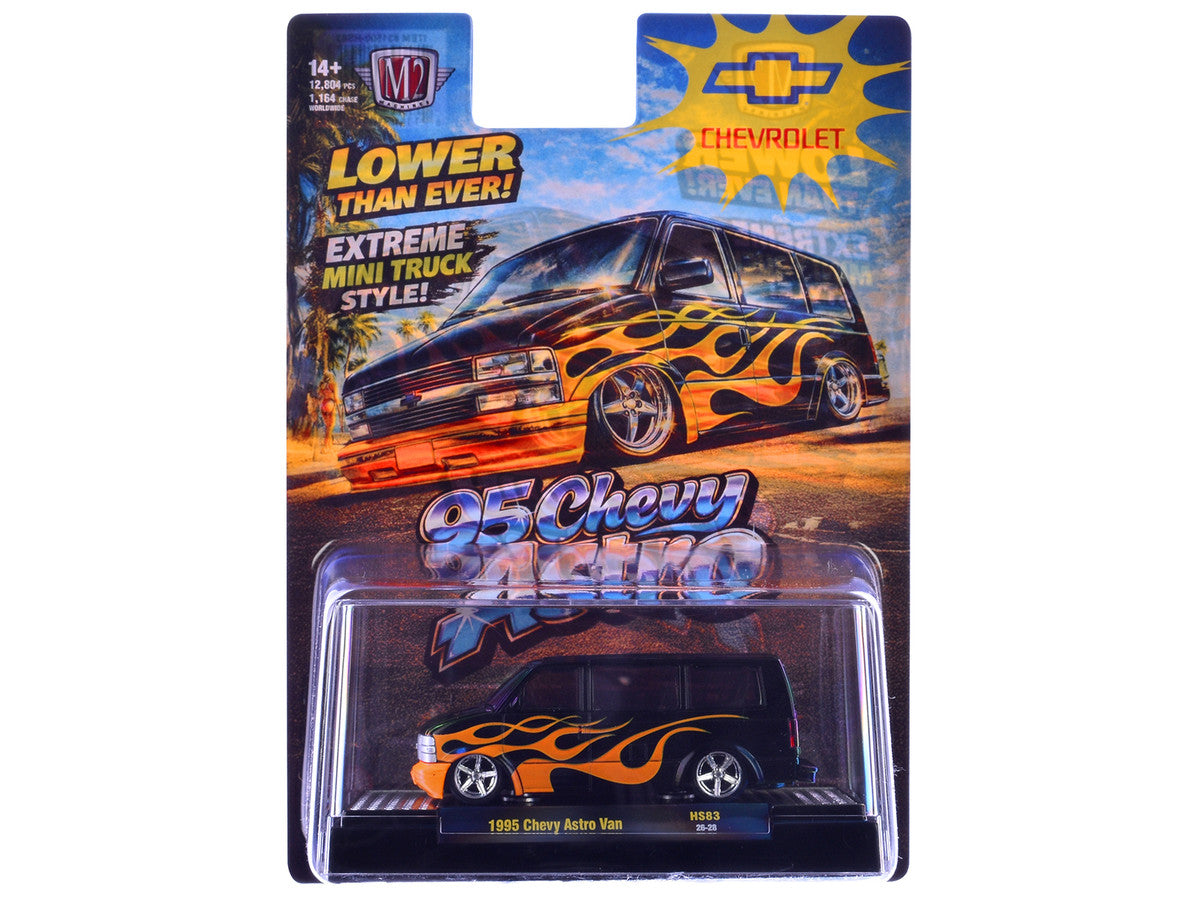 1995 Chevrolet Astro Van Black with Orange Flames Limited Edition to 12804 pieces Worldwide 1/64 Diecast Model Car by M2 Machines M2