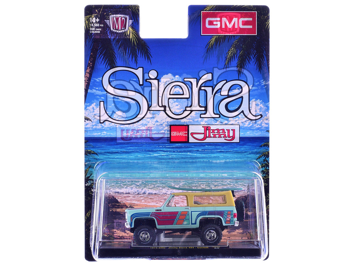 1975 GMC Jimmy Sierra 4x4 Light Blue with Graphics and Tan Top with Surfboard Limited Edition to 10560 pieces Worldwide 1/64 Diecast Model Car by M2 Machines M2