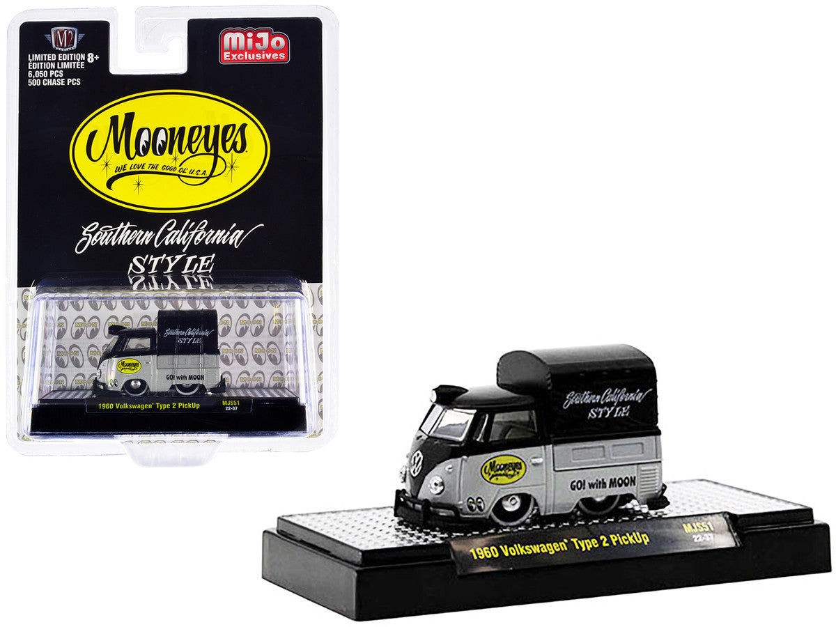 1960 Volkswagen Type 2 Pickup Truck with Canvas Cover "Mooneyes Southern California Style" Black and Gray Limited Edition to 6050 pieces Worldwide 1/64 Diecast Model Car by M2 Machines-0
