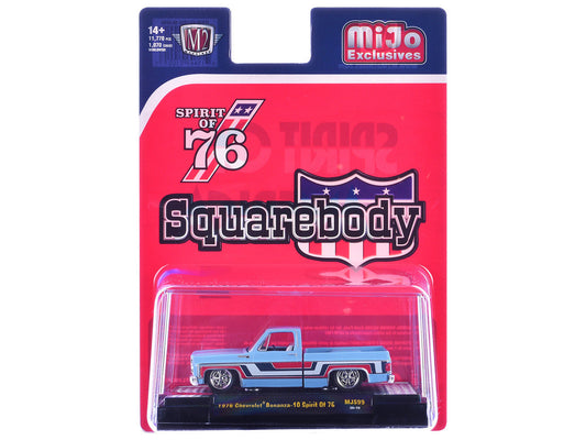 1976 Chevrolet Silverado Bonanza-10 Pickup Truck "Spirit of '76" Light Blue with Red White and Blue Graphics Limited Edition to 11770 pieces Worldwide 1/64 Diecast Model Car by M2 Machines M2