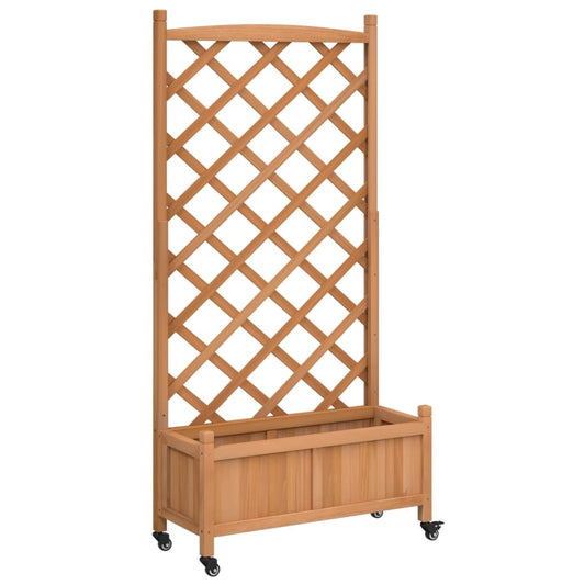 Planter with Trellis and Wheels Brown Solid Wood Fir W2B