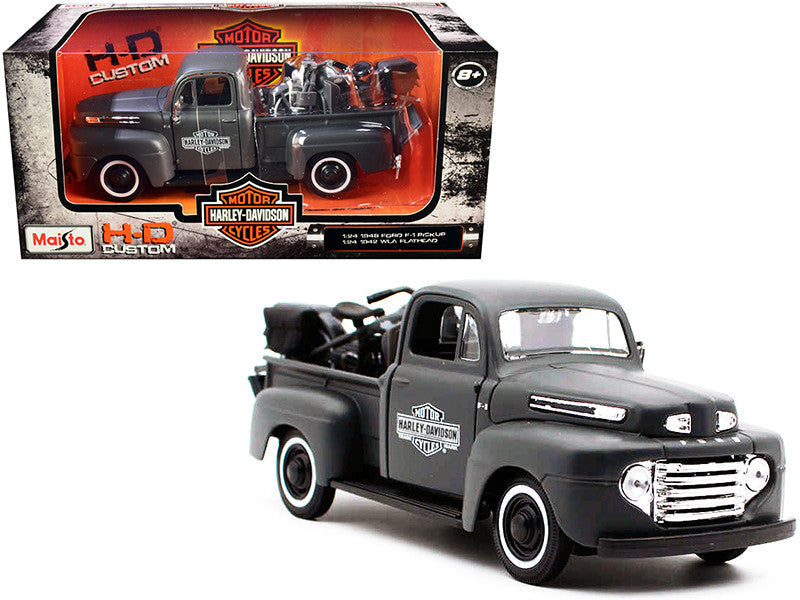 1948 Ford F-1 Pickup Truck and 1942 Harley-Davidson WLA Flathead Motorcycle Matt Dark Gray "Harley-Davidson Custom" 1/24 Diecast Models by Maisto Maisto