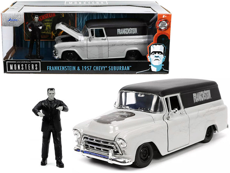 1957 Chevrolet Suburban Gray and Black with Graphics and Frankenstein Diecast Figurine "Universal Monsters" "Hollywood Rides" Series 1/24 Diecast Model Car by Jada Jada