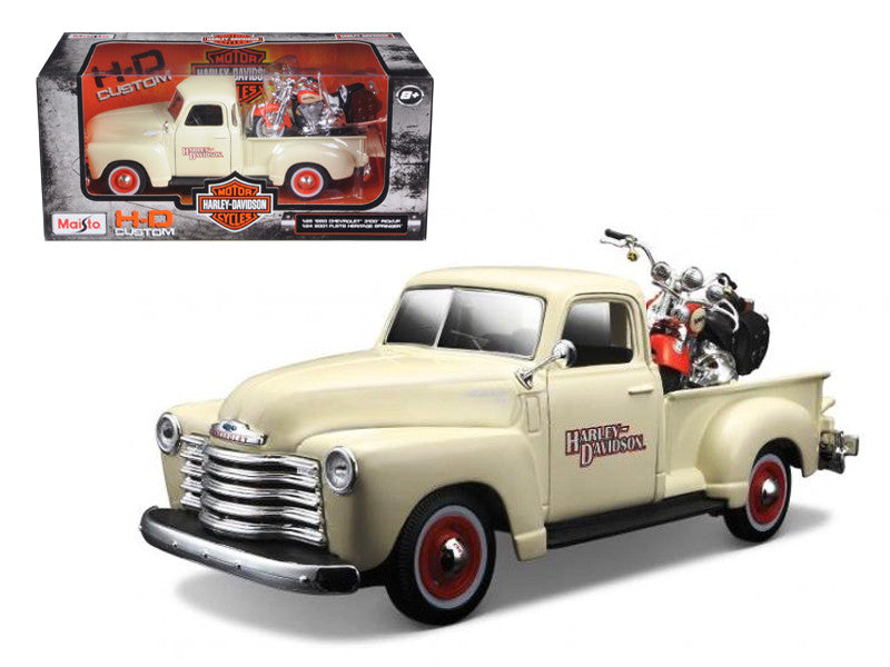 1950 Chevrolet 3100 Pickup Truck Cream 1/25 and 2001 FLSTS Heritage Springer Motorcycle Orange 1/24 "Harley-Davidson Custom" Series Diecast Models by Maisto Maisto