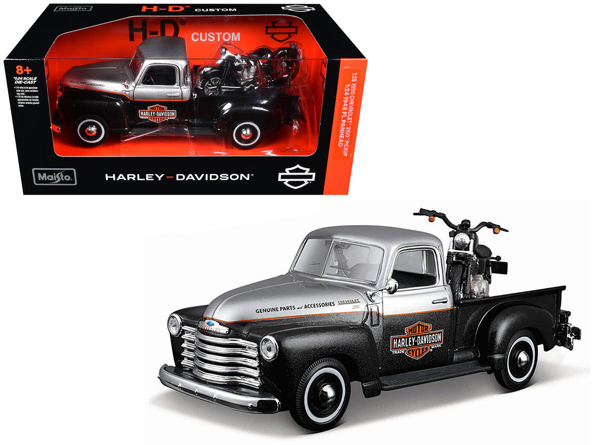 1950 Chevrolet 3100 Pickup Truck "Harley Davidson" Silver Metallic and Black with 1948 Harley Davidson FL Panhead Motorcycle Black "HD Custom" Series 1/24 Diecast Models by Maisto Maisto