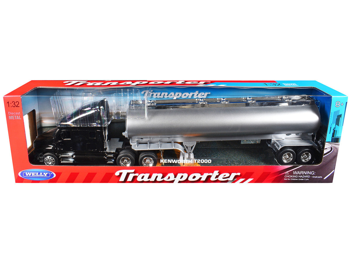 Kenworth T2000 Truck Black with Silver Tanker Trailer "Transporter" Series 1/32 Diecast Model by Welly Welly