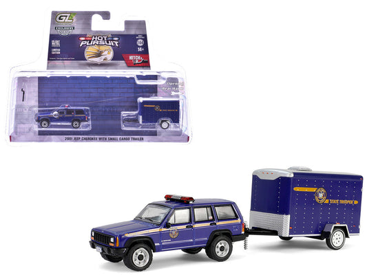 2001 Jeep Cherokee "New York State Police" Blue with Yellow Stripes and Small Cargo Trailer "Hot Pursuit Hitch & Tow" Series 1 1/64 Diecast Model Cars by Greenlight Greenlight