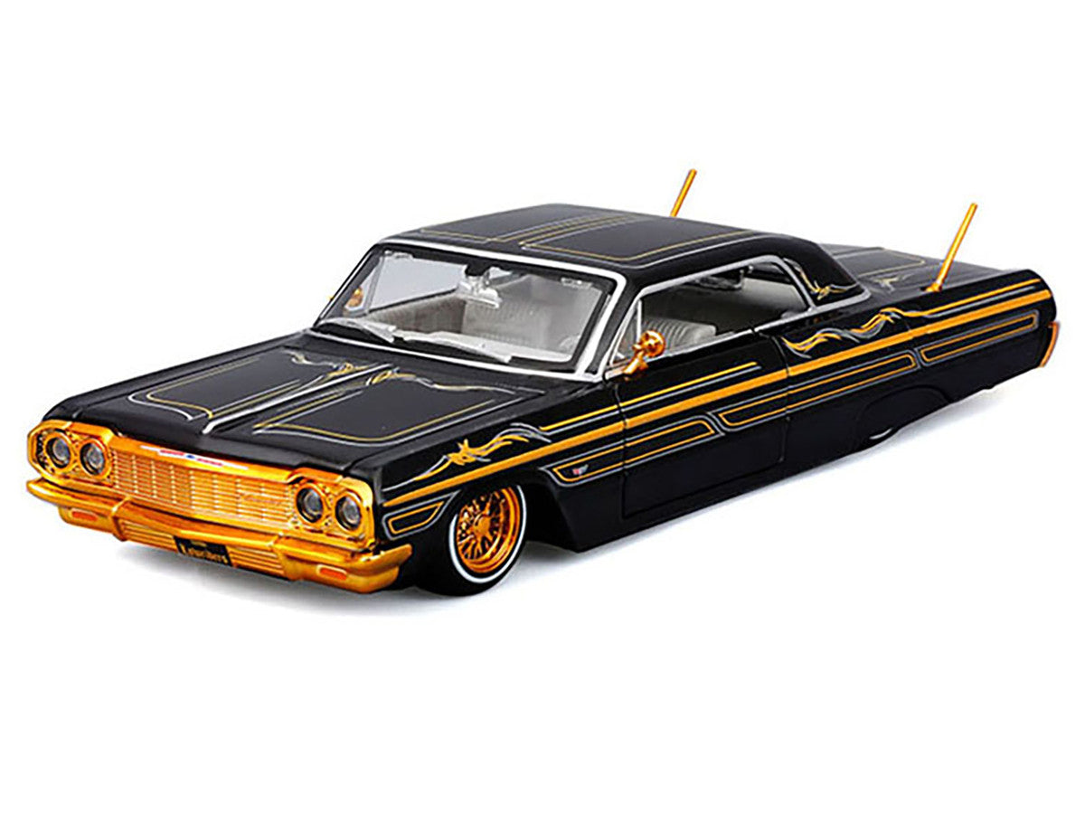 1964 Chevrolet Impala SS Lowrider Black Metallic with Gold Graphics and Gray Interior "Lowriders" "Maisto Design" Series 1/26 Diecast Model Car by Maisto Maisto