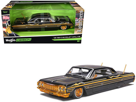 1964 Chevrolet Impala SS Lowrider Black Metallic with Gold Graphics and Gray Interior "Lowriders" "Maisto Design" Series 1/26 Diecast Model Car by Maisto Maisto