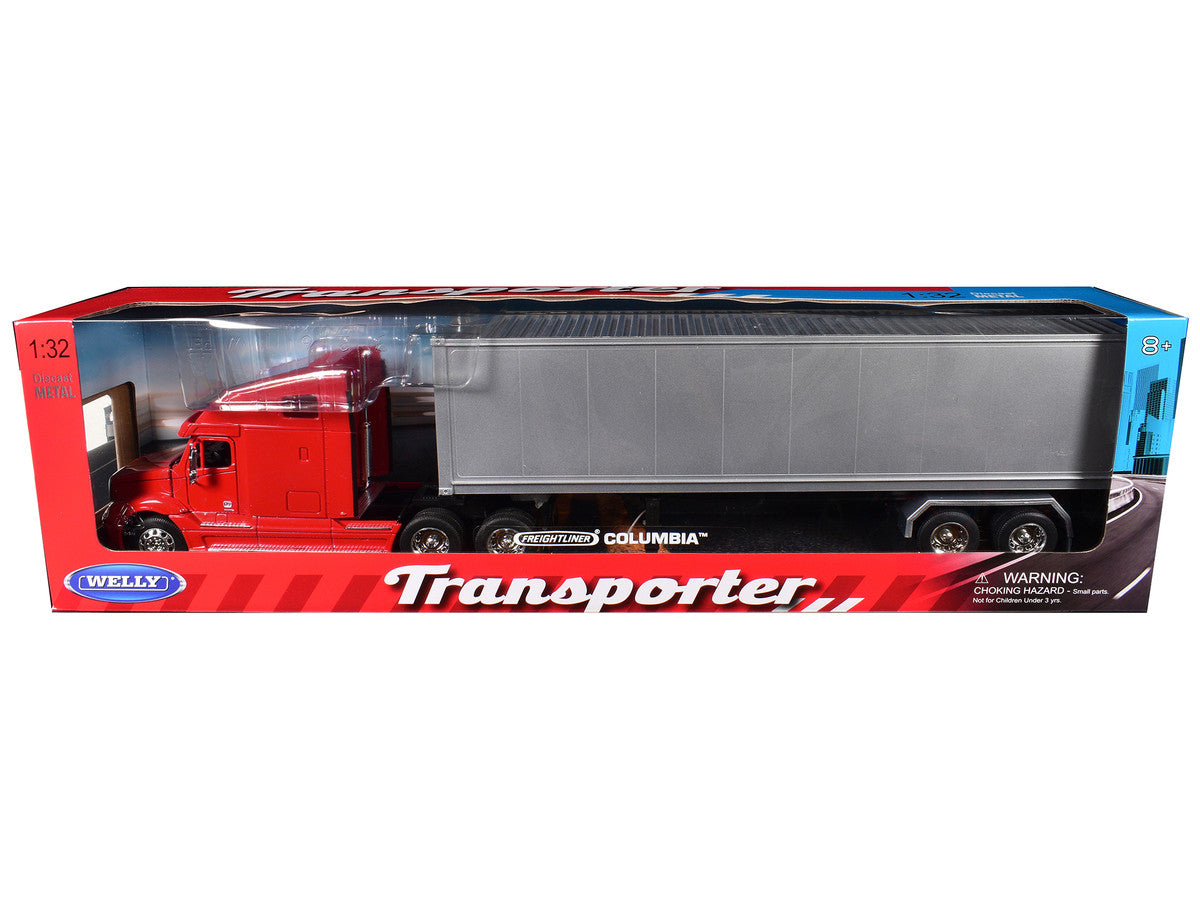 Freightliner Columbia Truck Red with Gray Container 1/32 Diecast Model by Welly Welly