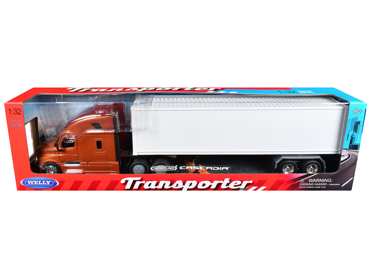 Freightliner Cascadia Truck Bronze Metallic with White Container "Transporter" Series 1/32 Diecast Model by Welly Welly