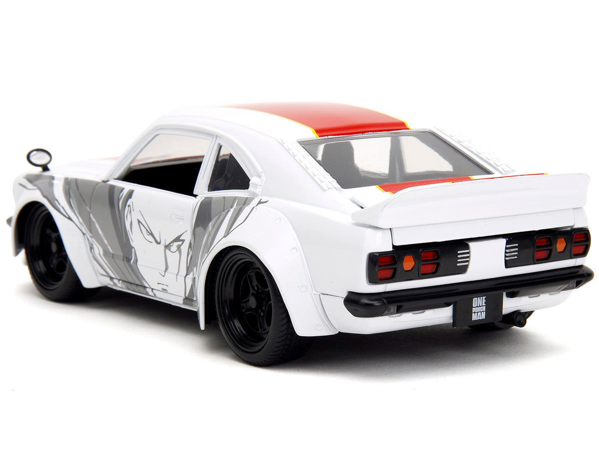 1974 Mazda RX-3 White with Red Stripe and Graphics and Saitama Diecast Figure "One Punch Man" (2015-2019) TV Series 1/24 Diecast Model Car by Jada Jada
