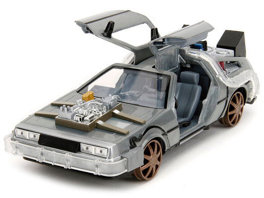 DeLorean Brushed Metal Time Machine (Train Wheel Version) with Lights "Back to the Future Part III" (1990) Movie "Hollywood Rides" Series 1/24 Diecast Model Car by Jada Jada