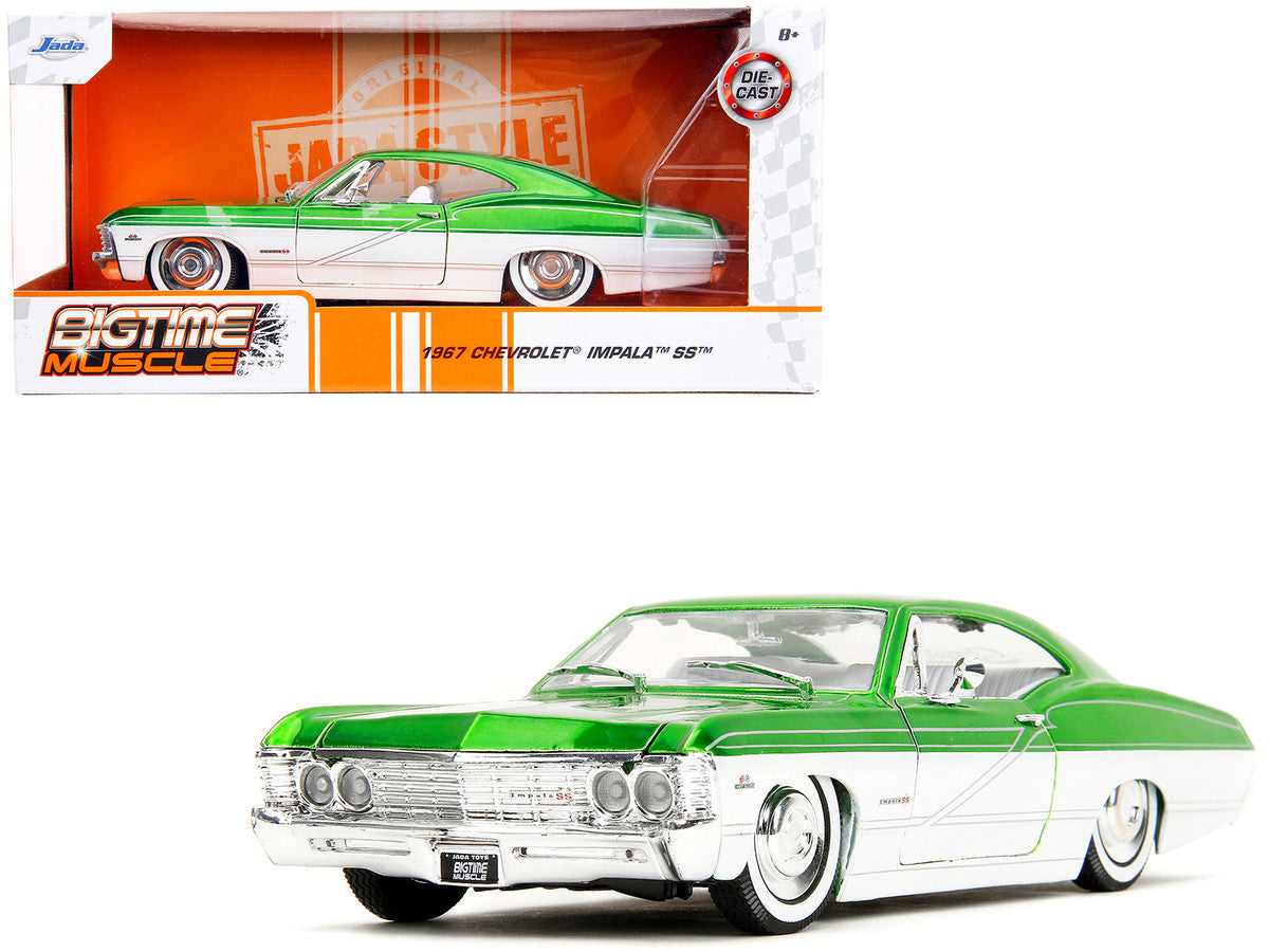 1967 Chevrolet Impala SS Green Metallic and White with White Interior "Bigtime Muscle" Series 1/24 Diecast Model Car by Jada Jada