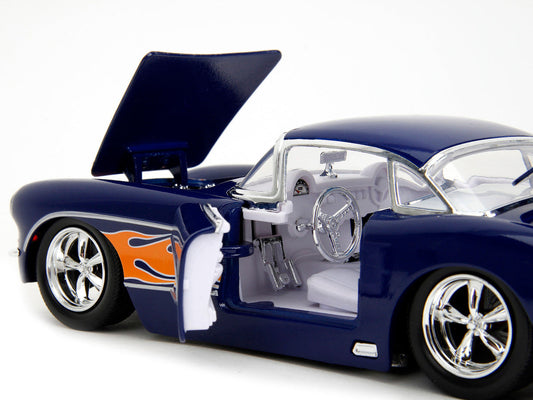 1957 Chevrolet Corvette Dark Blue with Flame Graphics and White Interior "Bigtime Muscle" Series 1/24 Diecast Model Car by Jada Jada