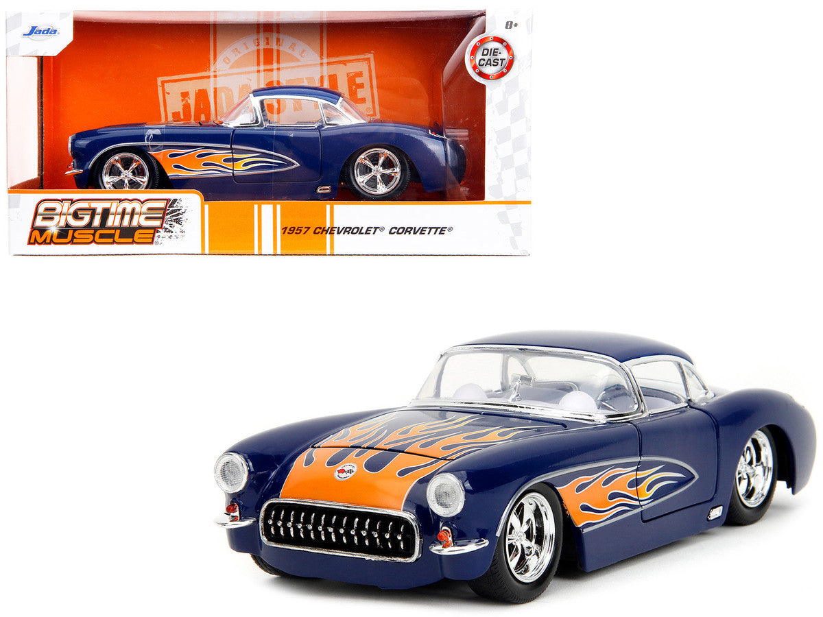 1957 Chevrolet Corvette Dark Blue with Flame Graphics and White Interior "Bigtime Muscle" Series 1/24 Diecast Model Car by Jada Jada