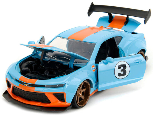 2016 Chevrolet Camaro Widebody #3 Light Blue with Orange Stripes "Gulf Oil" "Wide Body" Series 1/24 Diecast Model Car by Jada Jada