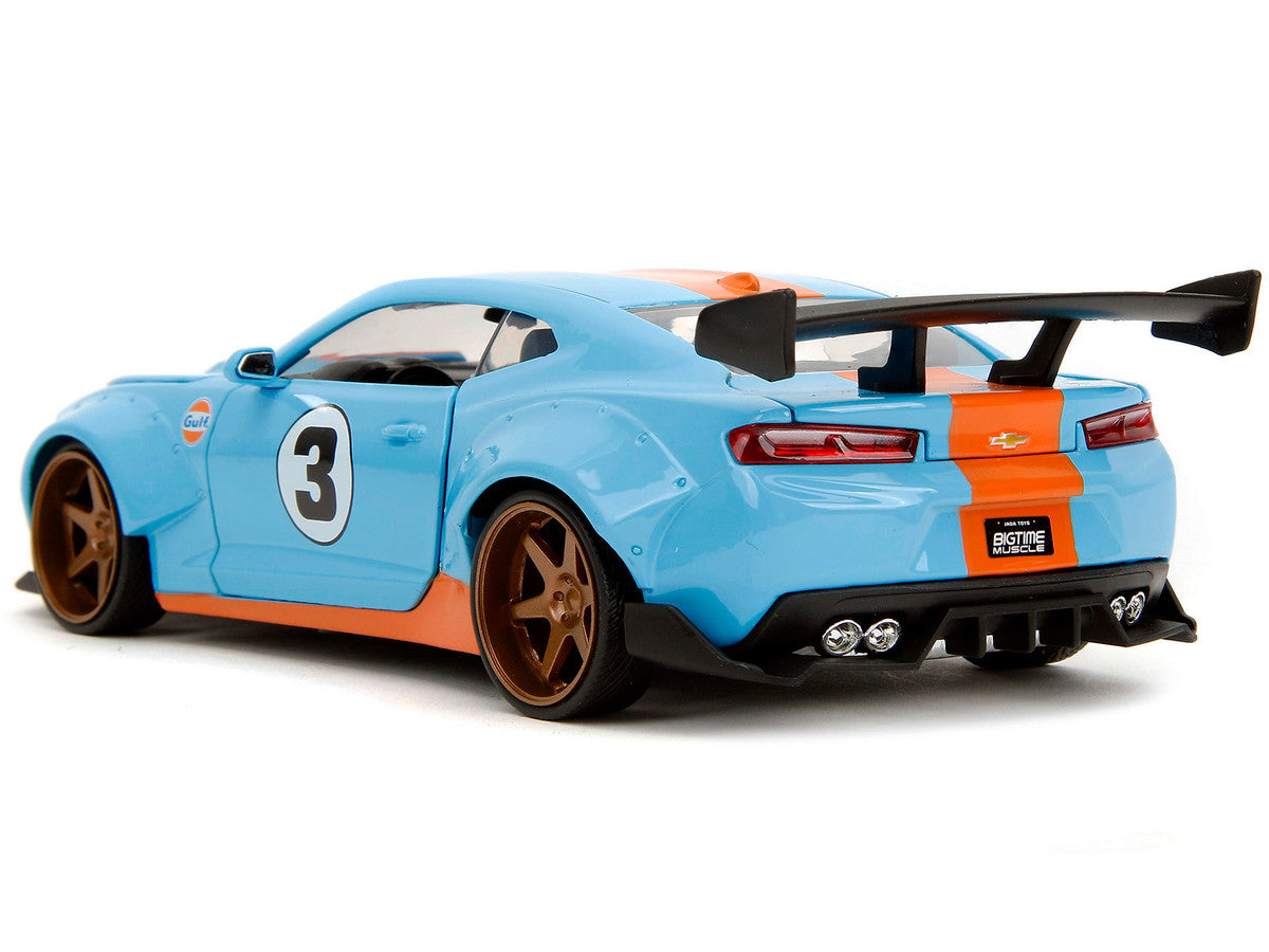 2016 Chevrolet Camaro Widebody #3 Light Blue with Orange Stripes "Gulf Oil" "Wide Body" Series 1/24 Diecast Model Car by Jada Jada