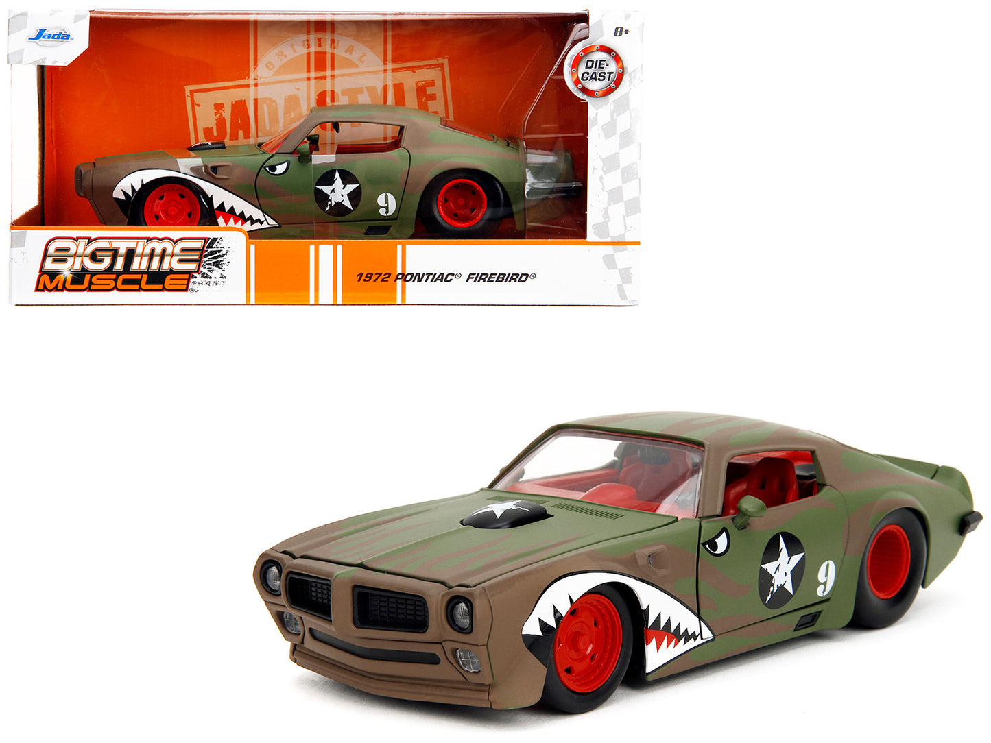 1972 Pontiac Firebird #9 Green Camouflage Flames with Graphics and Red Interior "Bigtime Muscle" Series 1/24 Diecast Model Car by Jada