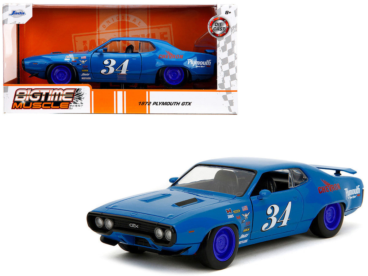 1972 Plymouth GTX #34 Blue with Graphics "Bigtime Muscle" Series 1/24 Diecast Model Car by Jada Jada