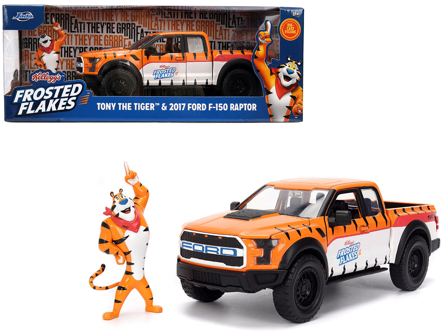 2017 Ford F-150 Raptor Pickup Truck "Frosted Flakes" Orange with Graphics and Tony the Tiger Diecast Figure "Hollywood Rides" Series 1/24 Diecast Model Car by Jada