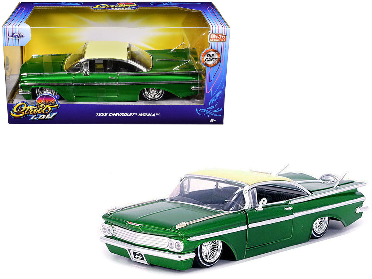 1959 Chevrolet Impala Lowrider Green Metallic with Cream Top and Wire Wheels "Street Low" Series 1/24 Diecast Model Car by Jada Jada