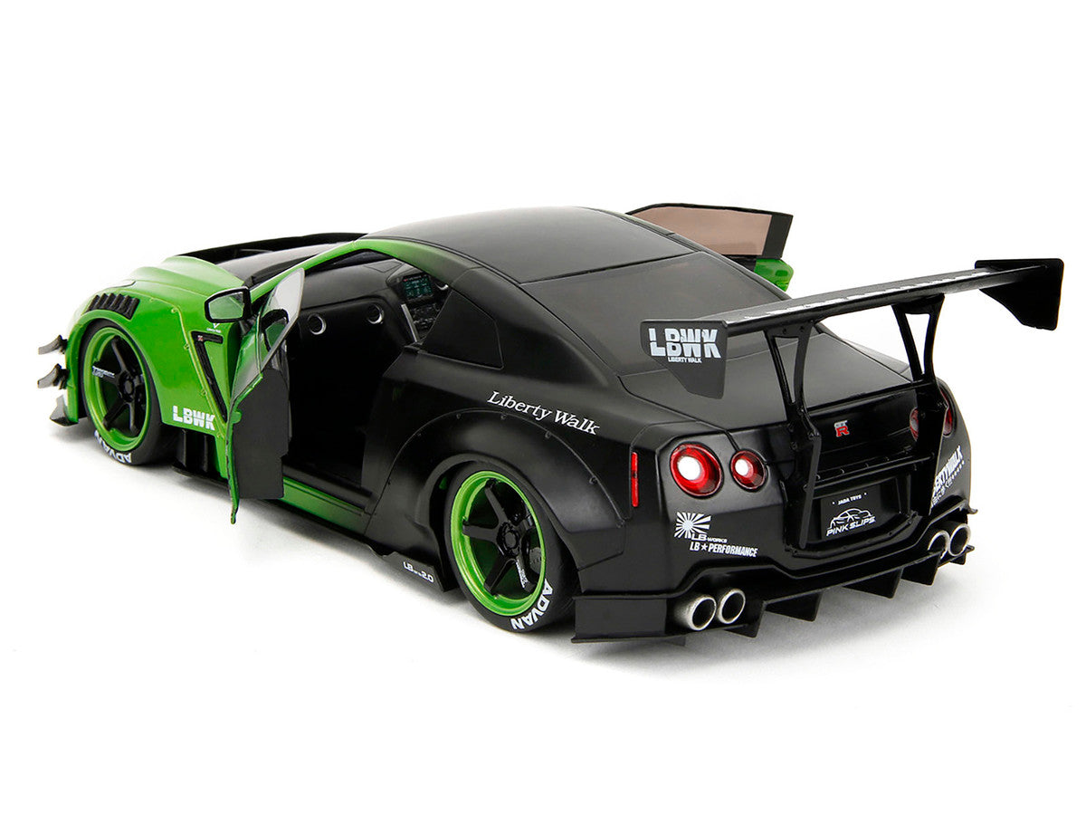 Nissan GT-R (R35) Liberty Walk Body Kit 2.0 RHD (Right Hand Drive) Green and Matt Black "Pink Slips" Series 1/18 Diecast Model Car by Jada Jada