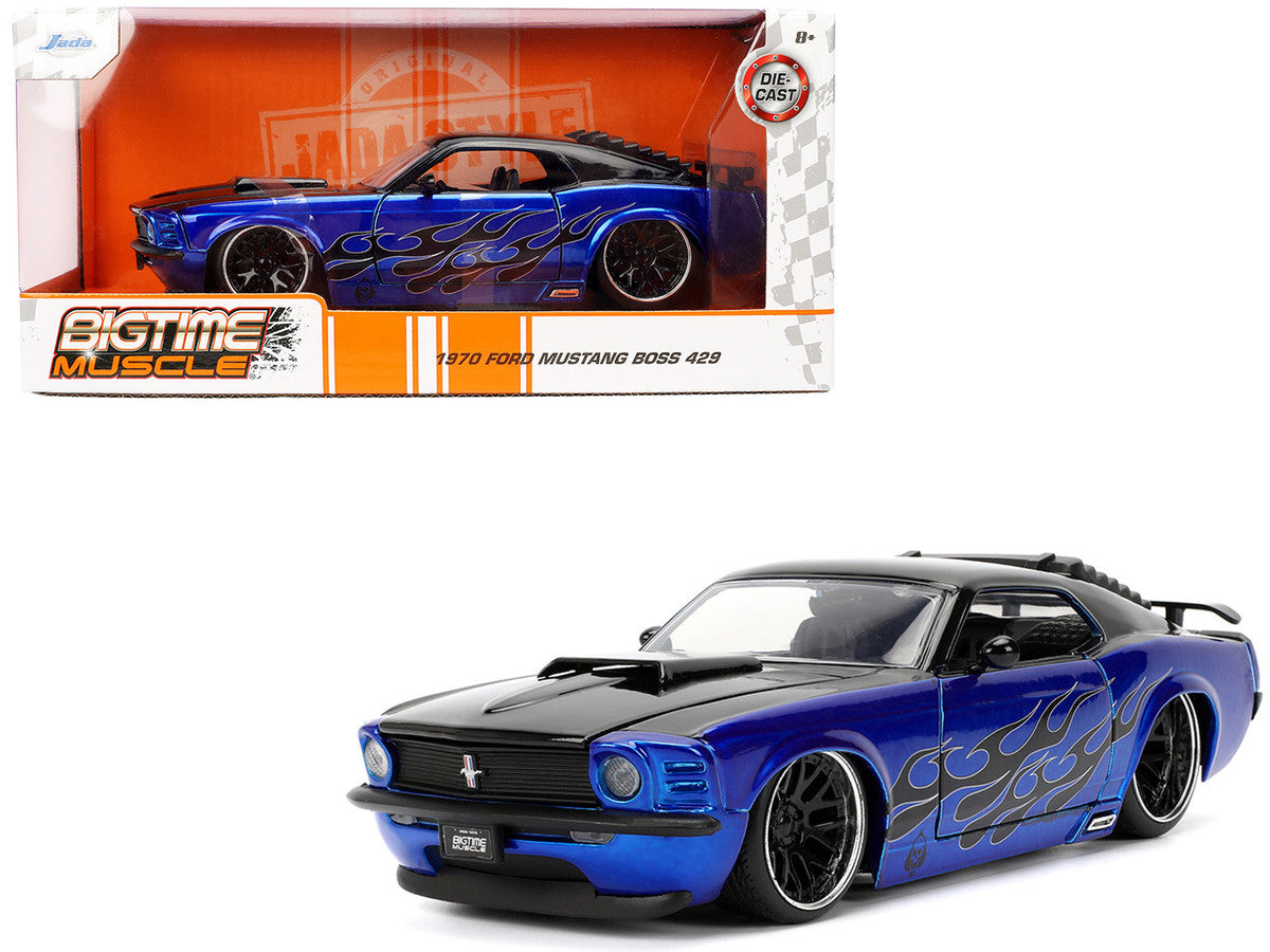 1970 Ford Mustang Boss 429 Black and Blue Metallic with Flames "Bigtime Muscle" Series 1/24 Diecast Model Car by Jada Jada