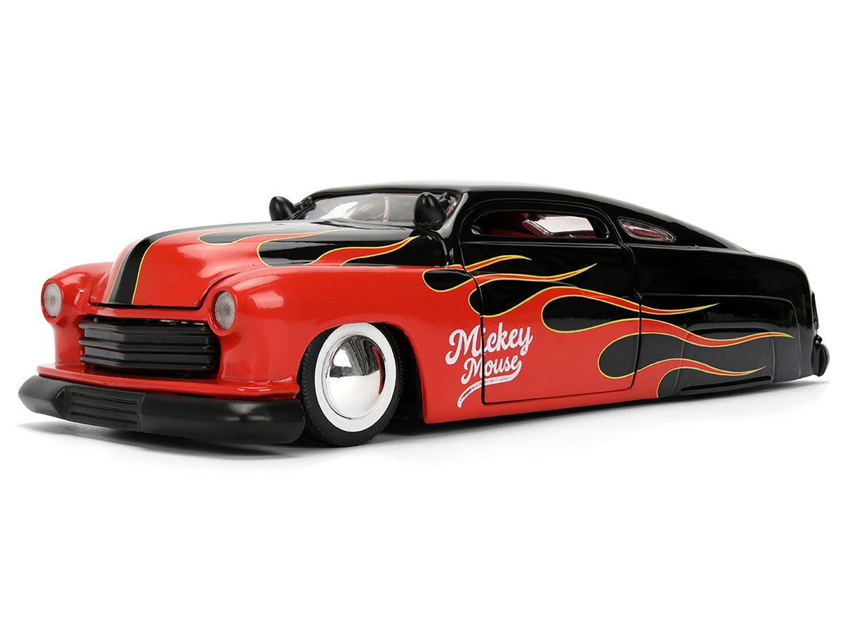 1951 Mercury Coupe Black with Flame Graphics and Red Interior and Mickey Mouse Diecast Figure "Disney's Mickey Mouse" "Hollywood Rides" Series 1/24 Diecast Model Car by Jada Jada